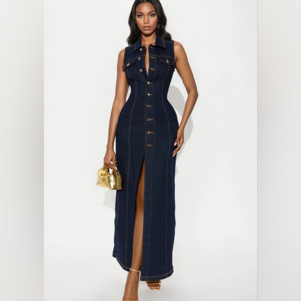 Fashion Nova Deandra strech denim maxi dress dark blue NWT